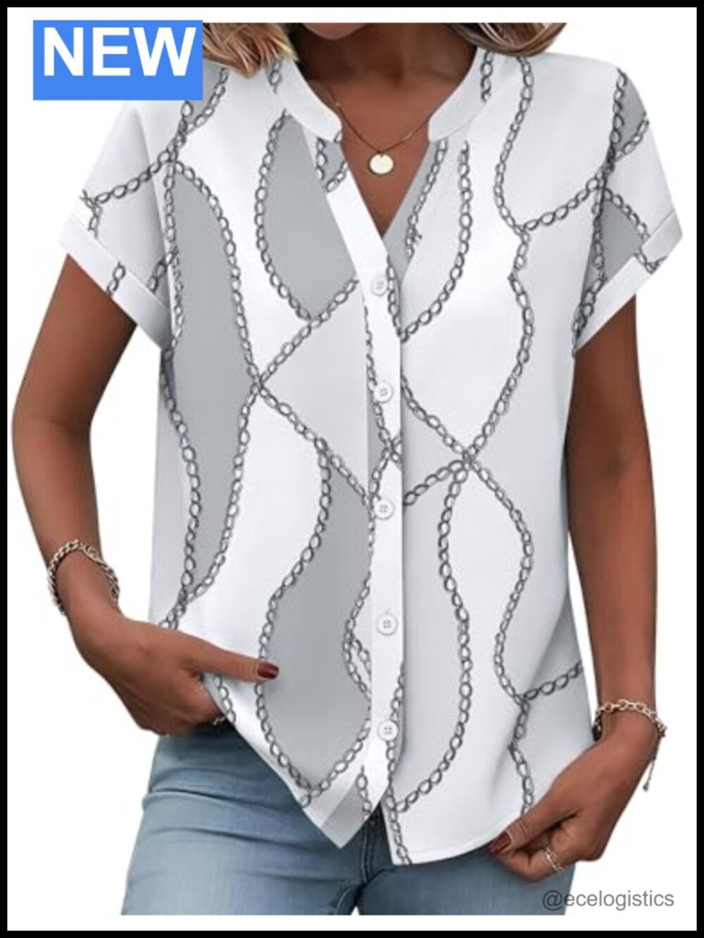 Short Sleeve Button Down Shirt with V Neck, Stand Collar, Blouse for Work